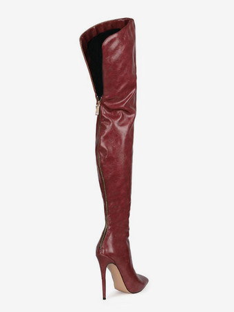 オーバーザニーブーツ ポインテッドトゥ スティレットハイヒールブーツ PUレザーバーガンディ レディース