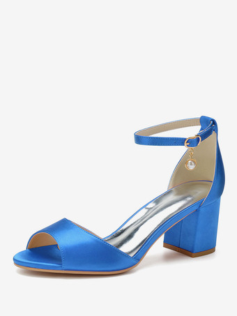 ブルー 女性のかかと子犬のかかとオープントゥサテンホワイトアンクルストラップかかと