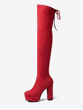 レッド プラットフォームサイハイブーツレディース弾性生地レースアップアーモンドトゥ分厚いヒールニーブーツ