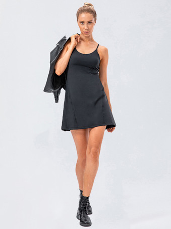 ブラック 女性用テニスストラップドレスジュエルネックバックレスアクティブウェア