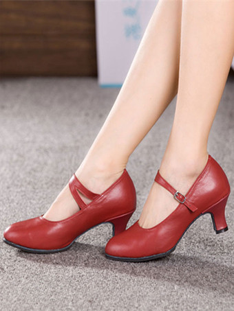 レッド ラテンシューズ　フレアーヒール　アーモンドトゥ　牛革　シンプル　ソフトソール　女性用　
