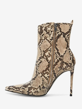 女性のアンクルブーツPUレザーPythonプリント指摘つま先スチレットヒールハイヒールのブーツ