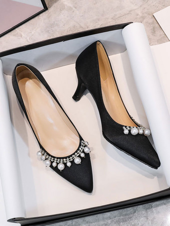 女性用ミッドローヒール エレガント ポインテッドトゥ 子猫ヒール スリッポン かわいいパール ホワイト ウェディングパンプス