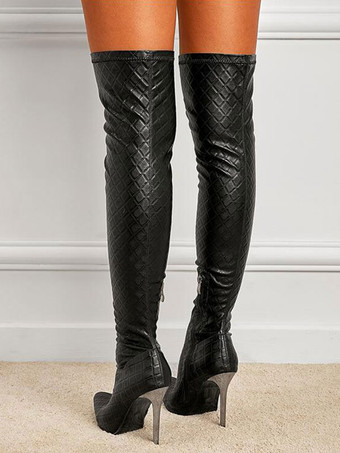 レディース キルティング オーバー ザ ニー ブーツ スティレット ヒール ポインテッド トゥ ブラック