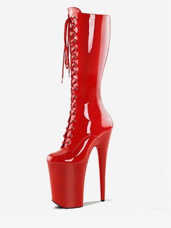 レッドセクシーなハイヒールブーツラウンドトゥレースアップジッパースティレットヒールレイブクラブブラックサイハイブーツオーバーザニーブーツ ポールダンスシューズ