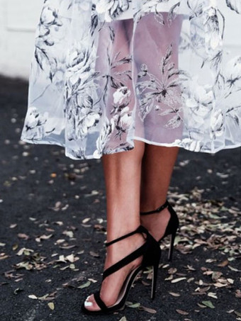 ハイーヒール　サンダル　レディースシューズ　ブラック　オープントゥ　ストラピー　アンクルストラップ　サンダルシューズ