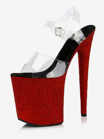 レッド ハイヒールセクシーサンダルアクアPVCアッパーオープントゥスチレットヒールアンクルストラップヒール ポールダンスシューズ