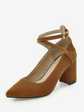 ブラウン パンプス ポインテッドトゥ ミッドローヒールシューズ チャンキーヒール 7cm ワインレッド シューズ マイクロスエード クリスクロス 無地 調整可能なストラップ レトロシューズ アウトドア レディース靴