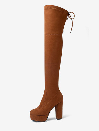 ディープブラウンプラットフォームサイハイブーツレディース弾性生地レースアップアーモンドトゥ分厚いヒールニーブーツ