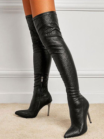 レディース キルティング オーバー ザ ニー ブーツ スティレット ヒール ポインテッド トゥ ブラック