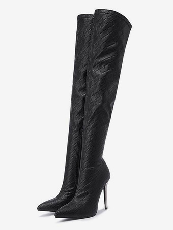 レディース キルティング オーバー ザ ニー ブーツ スティレット ヒール ポインテッド トゥ ブラック