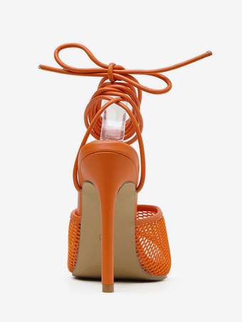 女性ヒールサンダルスティレットヒールスクエアトゥレースアップPUレザーオレンジアンクルストラップサンダル