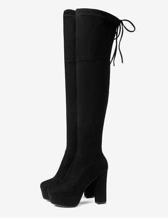 ブラック プラットフォームサイハイブーツレディース弾性生地レースアップアーモンドトゥ分厚いヒールニーブーツ