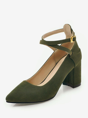 ダークグリーンパンプス ポインテッドトゥ ミッドローヒールシューズ チャンキーヒール 7cm ワインレッド シューズ マイクロスエード クリスクロス 無地 調整可能なストラップ レトロシューズ アウトドア レディース靴