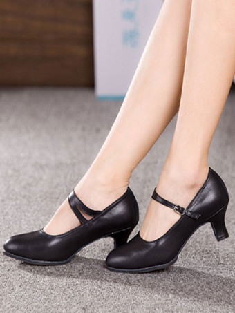 ブラック ラテンシューズ　フレアーヒール　アーモンドトゥ　牛革　シンプル　ソフトソール　女性用　
