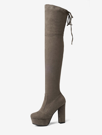 タンカラープラットフォームサイハイブーツレディース弾性生地レースアップアーモンドトゥ分厚いヒールニーブーツ