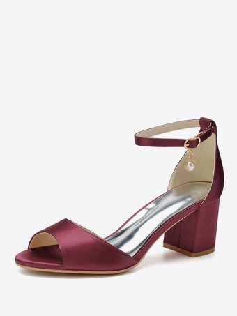 ワインレッド 女性のかかと子犬のかかとオープントゥサテンホワイトアンクルストラップかかと