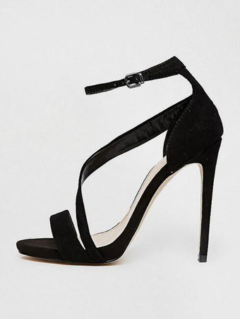 ハイーヒール　サンダル　レディースシューズ　ブラック　オープントゥ　ストラピー　アンクルストラップ　サンダルシューズ