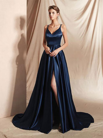 ダークネイビーイブニングドレス Aライン Vネック 弾性シルクのようなサテン マキシレングス フロントスプリット ソーシャルページェントドレス