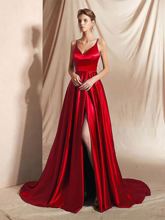 レッド イブニングドレス Aライン Vネック 弾性シルクのようなサテン マキシレングス フロントスプリット ソーシャルページェントドレス