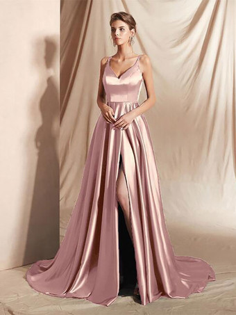 ソフトピンクイブニングドレス Aライン Vネック 弾性シルクのようなサテン マキシレングス フロントスプリット ソーシャルページェントドレス