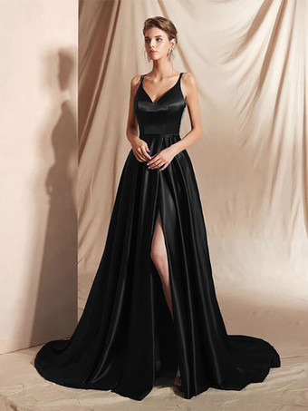 ブラックイブニングドレス Aライン Vネック 弾性シルクのようなサテン マキシレングス フロントスプリット ソーシャルページェントドレス