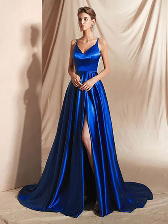 ダズリンブルーイブニングドレス Aライン Vネック 弾性シルクのようなサテン マキシレングス フロントスプリット ソーシャルページェントドレス