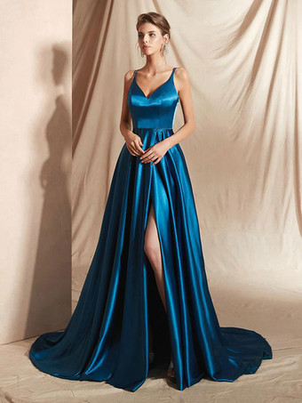 ロイヤルブルーイブニングドレス Aライン Vネック 弾性シルクのようなサテン マキシレングス フロントスプリット ソーシャルページェントドレス