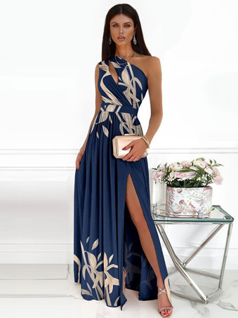 Printed Maxi Dress One-Shoulder Cutout High-Slit Prom Dresses