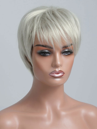 女性のための人間の髪の毛のかつらシルバーレーヨンシックな短いかつら