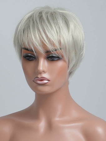 女性のための人間の髪の毛のかつらシルバーレーヨンシックな短いかつら