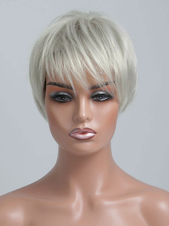 女性のための人間の髪の毛のかつらシルバーレーヨンシックな短いかつら