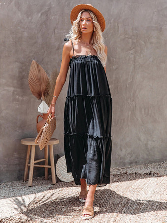 シフトドレス スパゲッティストラップ ノースリーブ カジュアル プリーツ ストラップネック オーバーサイズ ブラック チュニックドレス