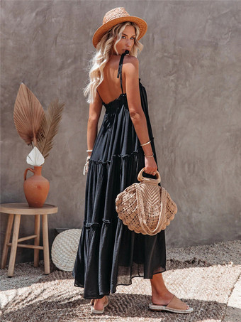 シフトドレス スパゲッティストラップ ノースリーブ カジュアル プリーツ ストラップネック オーバーサイズ ブラック チュニックドレス