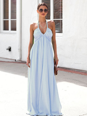 ライトスカイブルーサマーマキシドレス グリーン Vネック プリーツビーチドレス