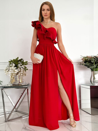 One-Shoulder Maxi Dress Sleeveless Low-slit Long Prom Dresses