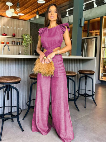 ローズレッドブルージュエルネックノースリーブカットアウトレイヤードワイドサマーワンピース衣装