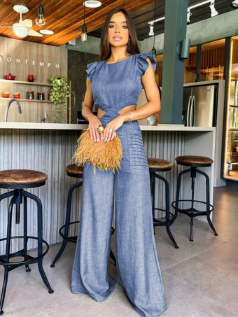 ブルー ブルージュエルネックノースリーブカットアウトレイヤードワイドサマーワンピース衣装