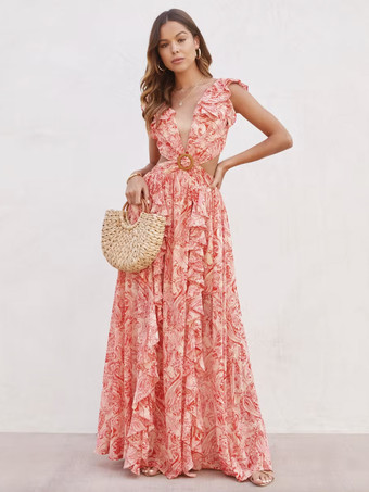 Floral Maxi Dresses Layered Ruffles V-Neck Sleeveless Backless Front Slit Sexy Summer Long Dresses