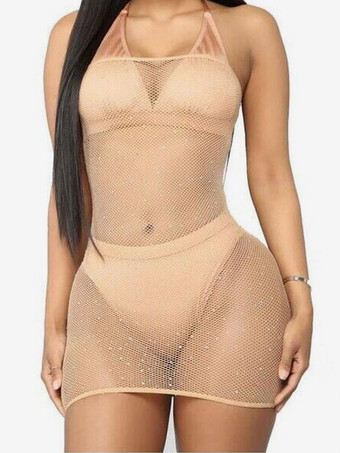 肌色女性のためのシュミーズライクラスパンデックスラインストーンストラップレスバックレスブラックランジェリー