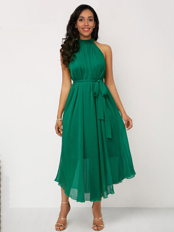 Irregular Dress Halter Sleeveless Belted Prom Midi Dress In Solid Color