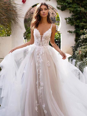 ウェディングドレスAラインVネックノースリーブレースアップリケブライダルガウン列車付き