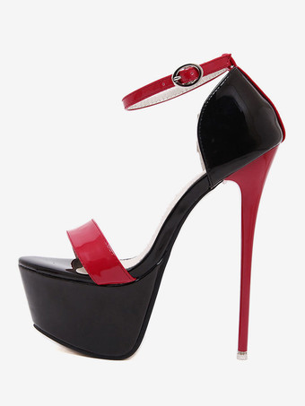 レッドプラットフォームサンダルシューズ　2025　オープントゥ　スカイハイ　アンクルストラップ　ハイヒールサンダル