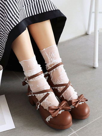 スウィートロリータフットウェアピンクボウフリルラウンドトゥPUレザーロリータシューズ
