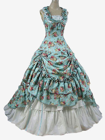 Women Retro Costumes Prom Dress Ruffle Marie Antoinette Costume Floral Print Dress Rococo Masquerade Ball Gown