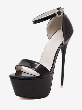 ブラック レッドプラットフォームサンダルシューズ　2025　オープントゥ　スカイハイ　アンクルストラップ　ハイヒールサンダル