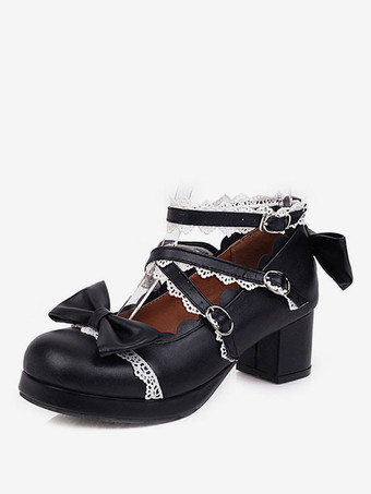 ブラック スウィートロリータフットウェアピンクボウフリルラウンドトゥPUレザーロリータシューズ