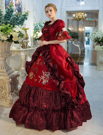 プリンセス 女性用 貴族ドレス 中世 ドレス レッド 半袖 ポリエステル 祝日 ドレス バロック風 中世 ドレス・貴族ドレス ヨーロッパ 宮廷風 レトロ バーガンディ