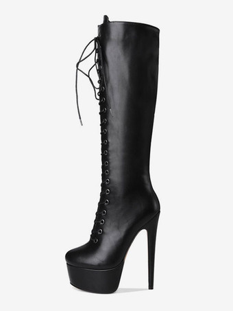 ロングブーツ ラウンドトゥ レディースブーツ ピンヒール ブラック PU シューズ 16cm 無地 レースアップ アウトドア 5.5cm レディース靴