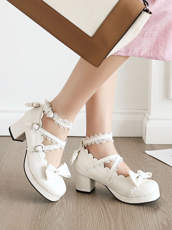 スウィートロリータフットウェアピンクボウフリルラウンドトゥPUレザーロリータシューズ